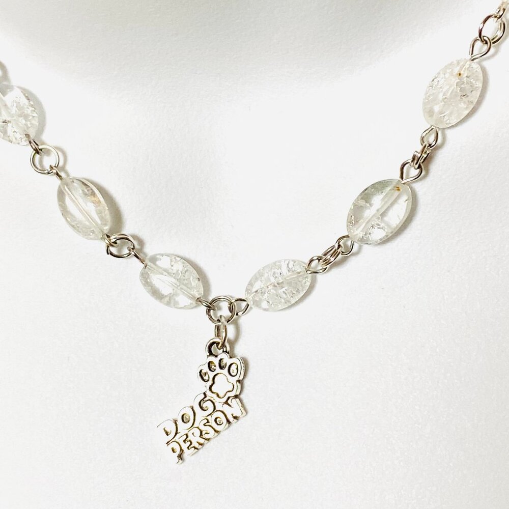 Clear Crackle Quartz Short Necklace, Gemstone & Cute Dog Person Paw Print Charm
